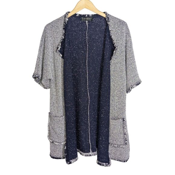 St. John Sweaters - St. John Open Front Cardigan Jacket Approx Sz Small Navy White Tweed Wool READ